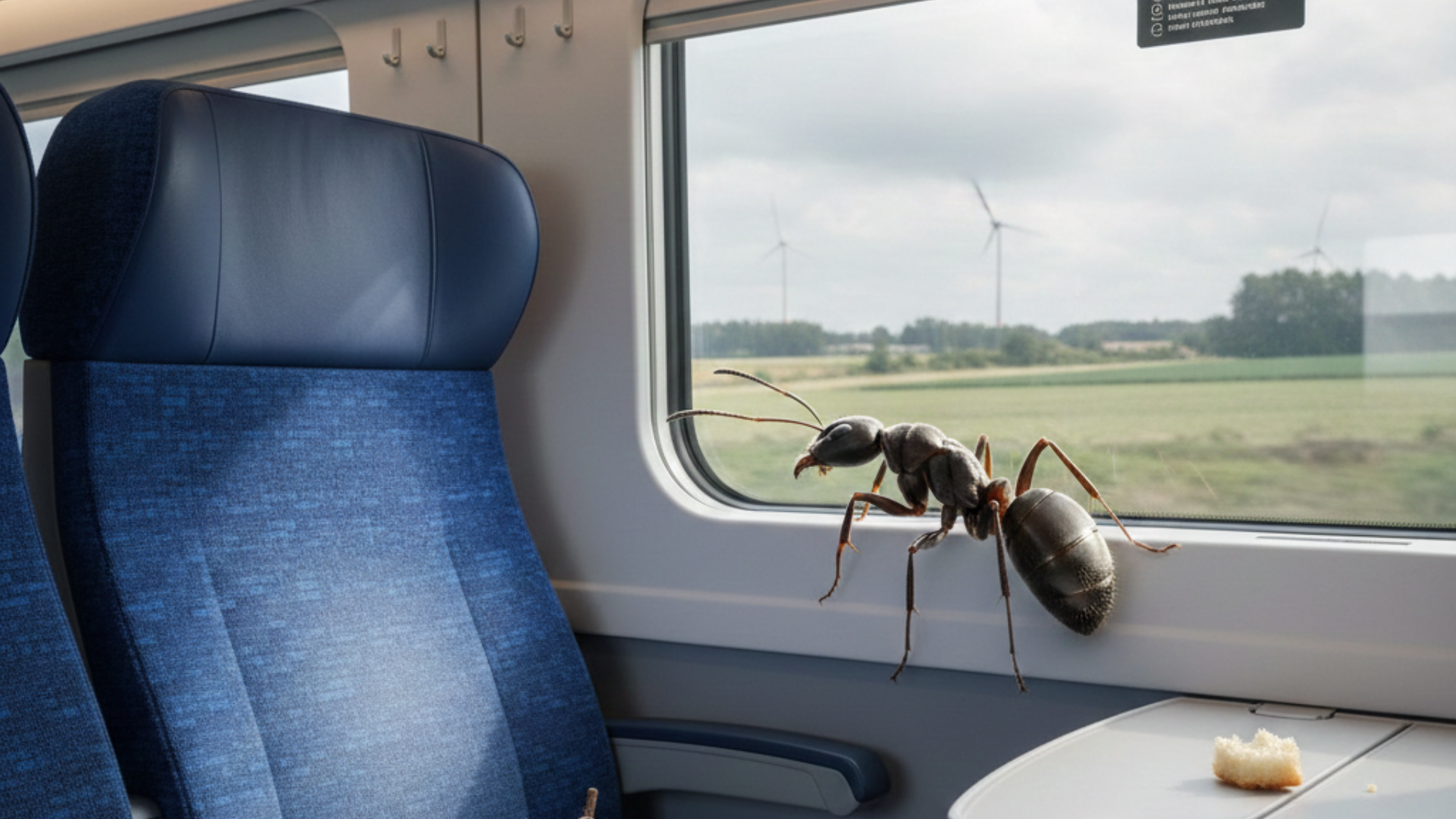 Eine Ameise reist im ICE und blickt verträumt aus dem Fenster (Bild generiert mit Gemini).